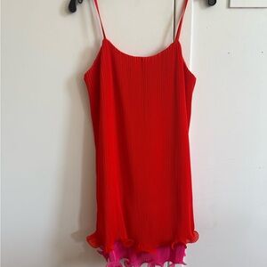 Milly Red and Pink Pleated Ruffle Hem Dress
